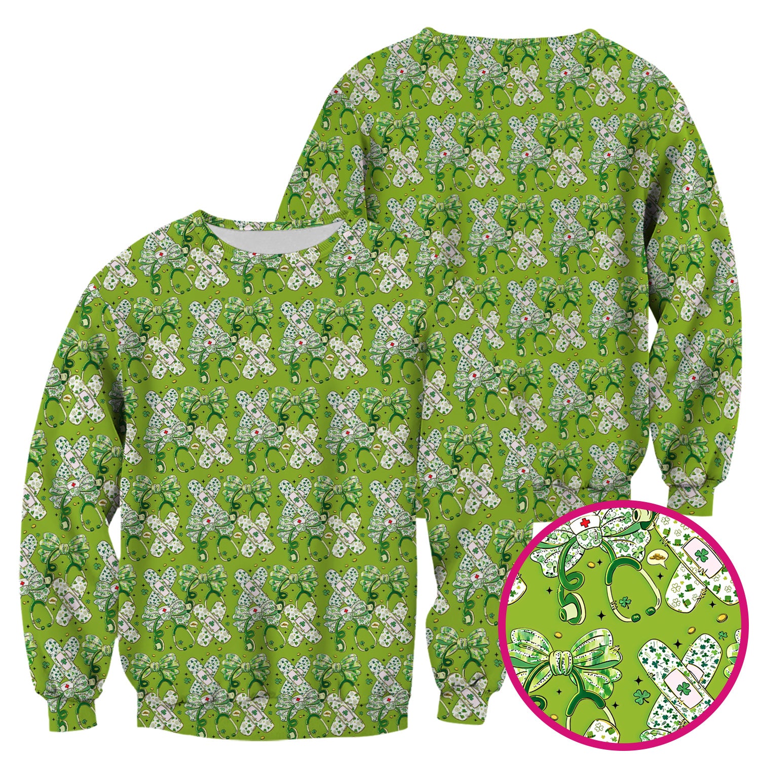 St Patrick Shamrock Stethoscope Bow Print Scrub Top, Breathable Fabrics Nursing Uniform