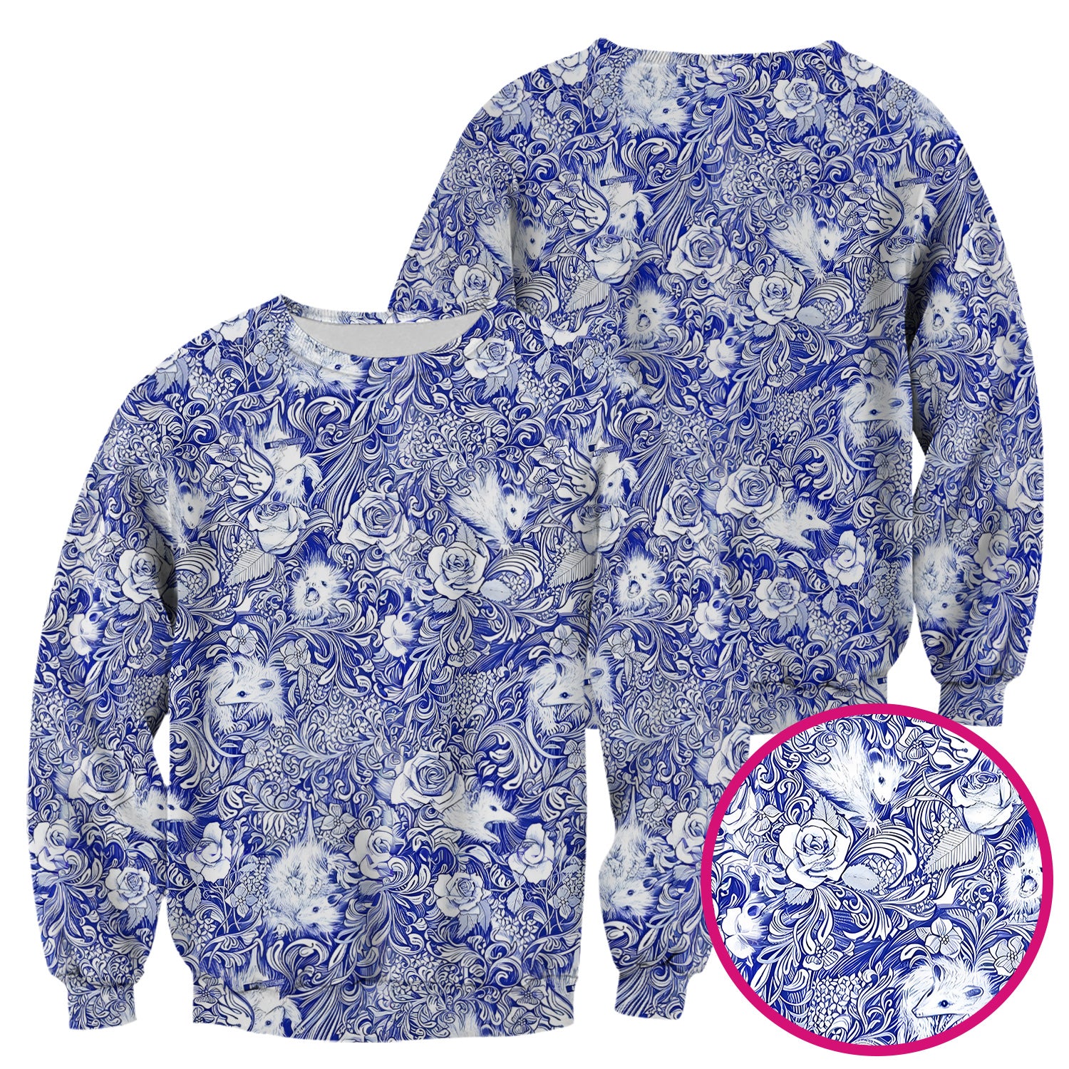 Blue Toile Porcupine Floral Pattern Scrub Top for Women, Breathable Nursing Uniform