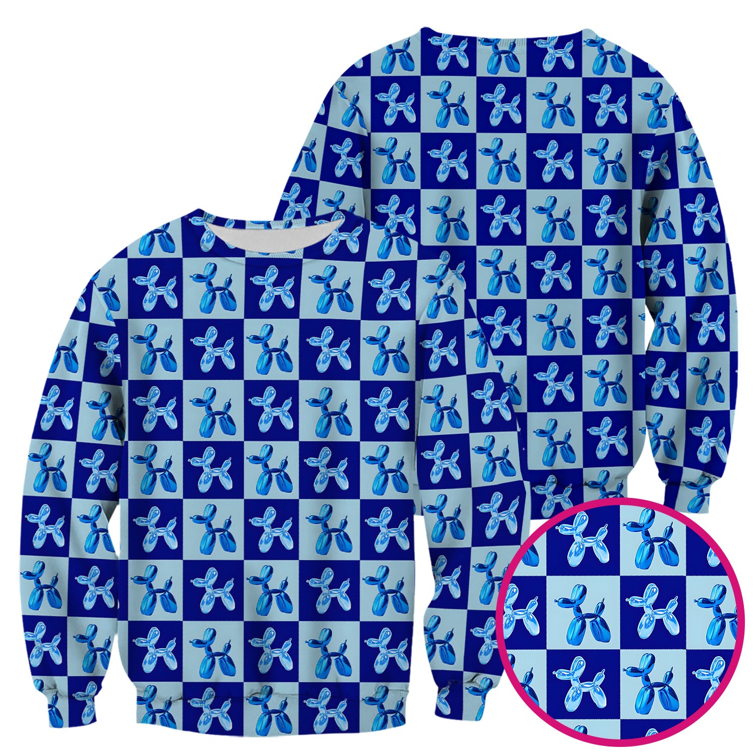 Cute Blue Balloon Dog Checkered Pattern Scrub Top, Breathable Fabrics Nursing Uniform