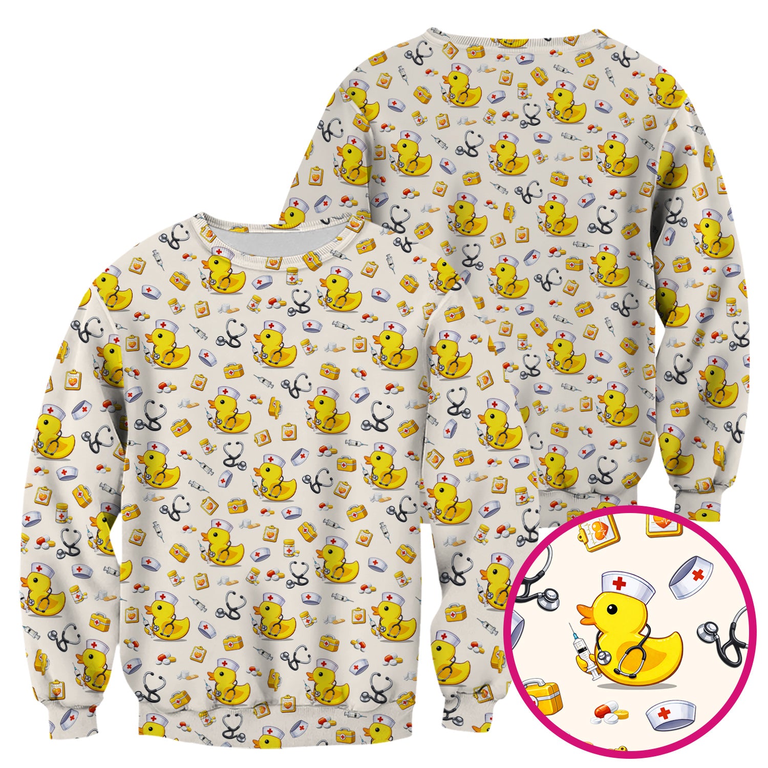 Playful Medical Duck Print Nurse Scrub Top, Comfortable Scrubs for Nurses