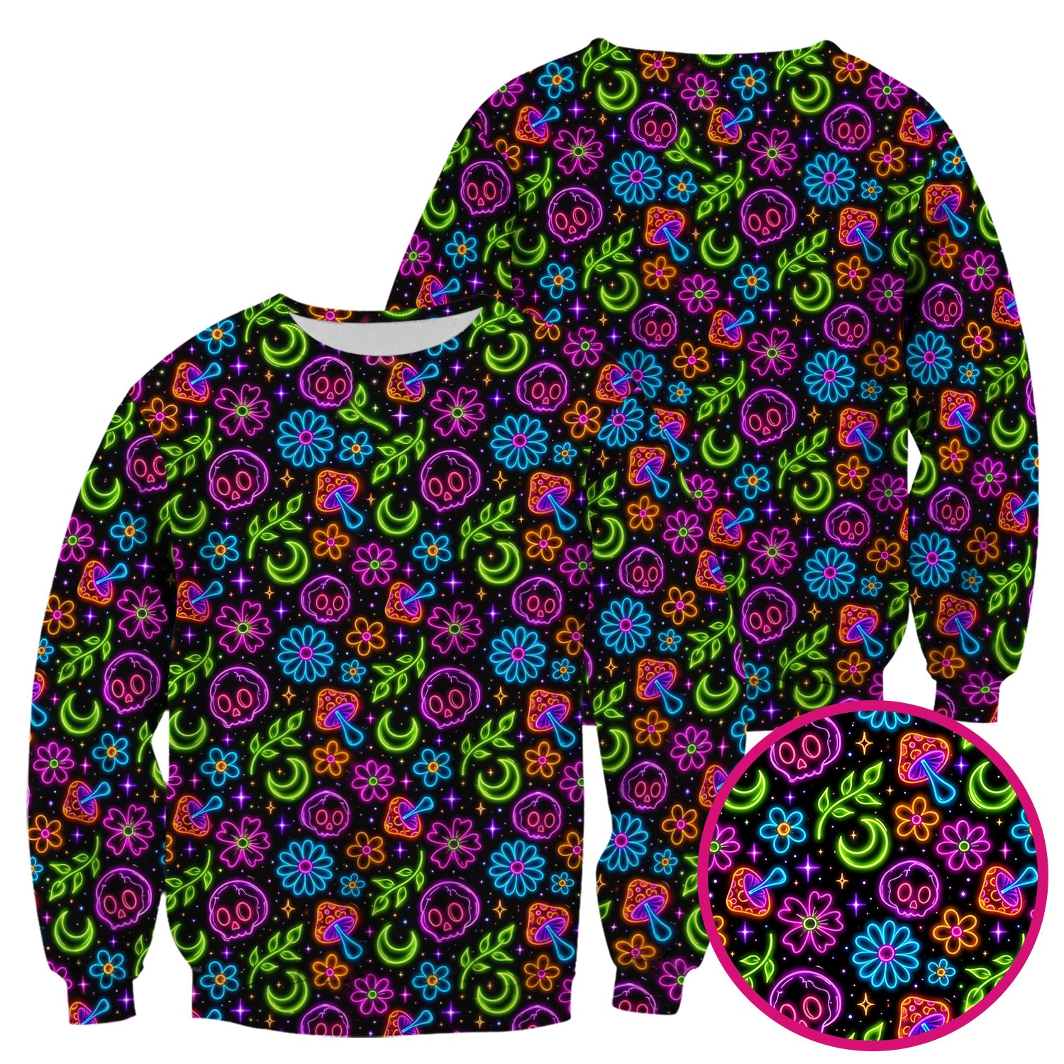 Neon Skull Mushroom Floral Scrub Top, Colorful Gothic Nurse Scrubs Uniform