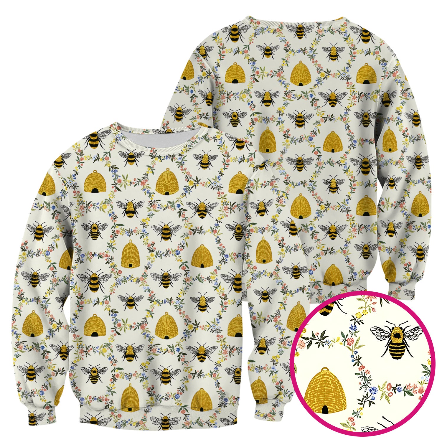 Honey Bee Beehive Floral Pattern Scrub Top, Comfortable Scrubs for Nurses