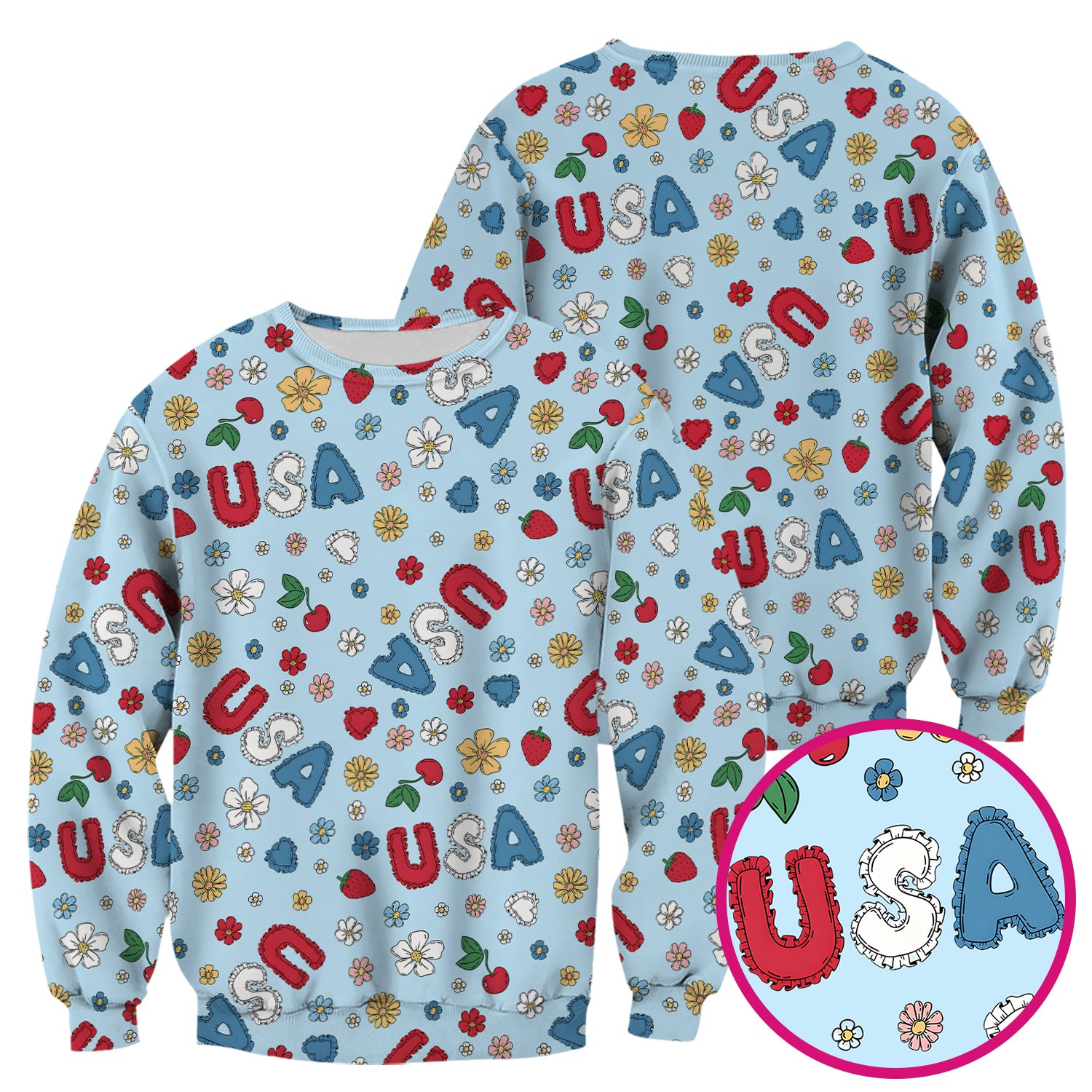 USA Cherry Strawberry Floral Patch Pattern Scrub Top, Comfortable Scrubs for Nurses