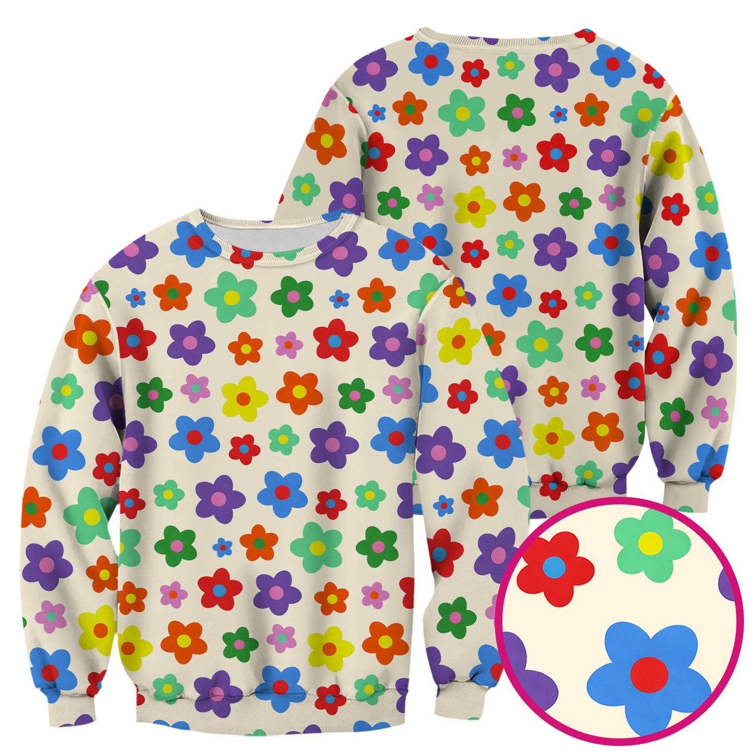 Colorful Retro Flower Pattern Print Scrub Top, Breathable Fabrics Nursing Uniform