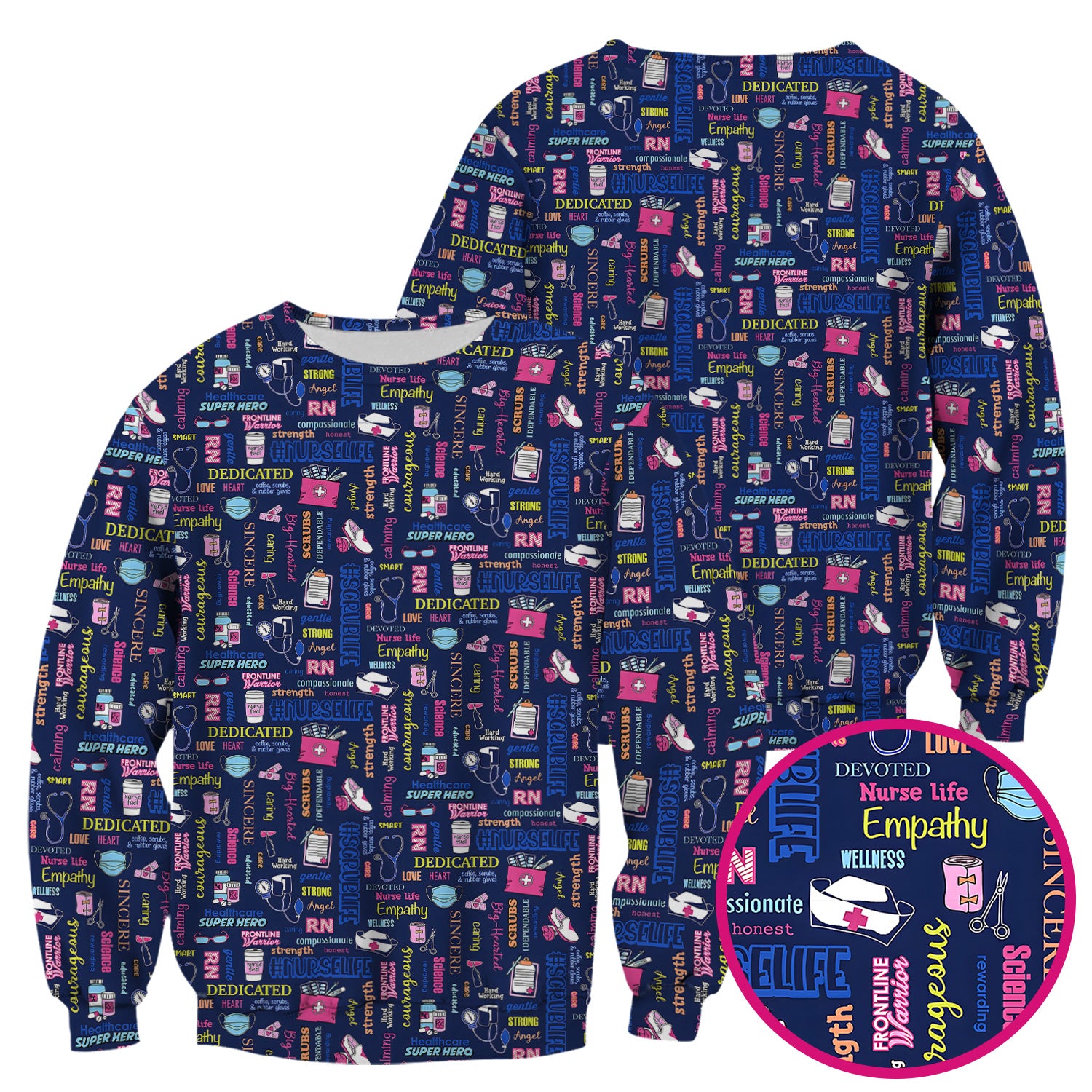 Colorful Nurse Life Typography Print Scrub Top, Breathable Fabrics Nursing Uniform