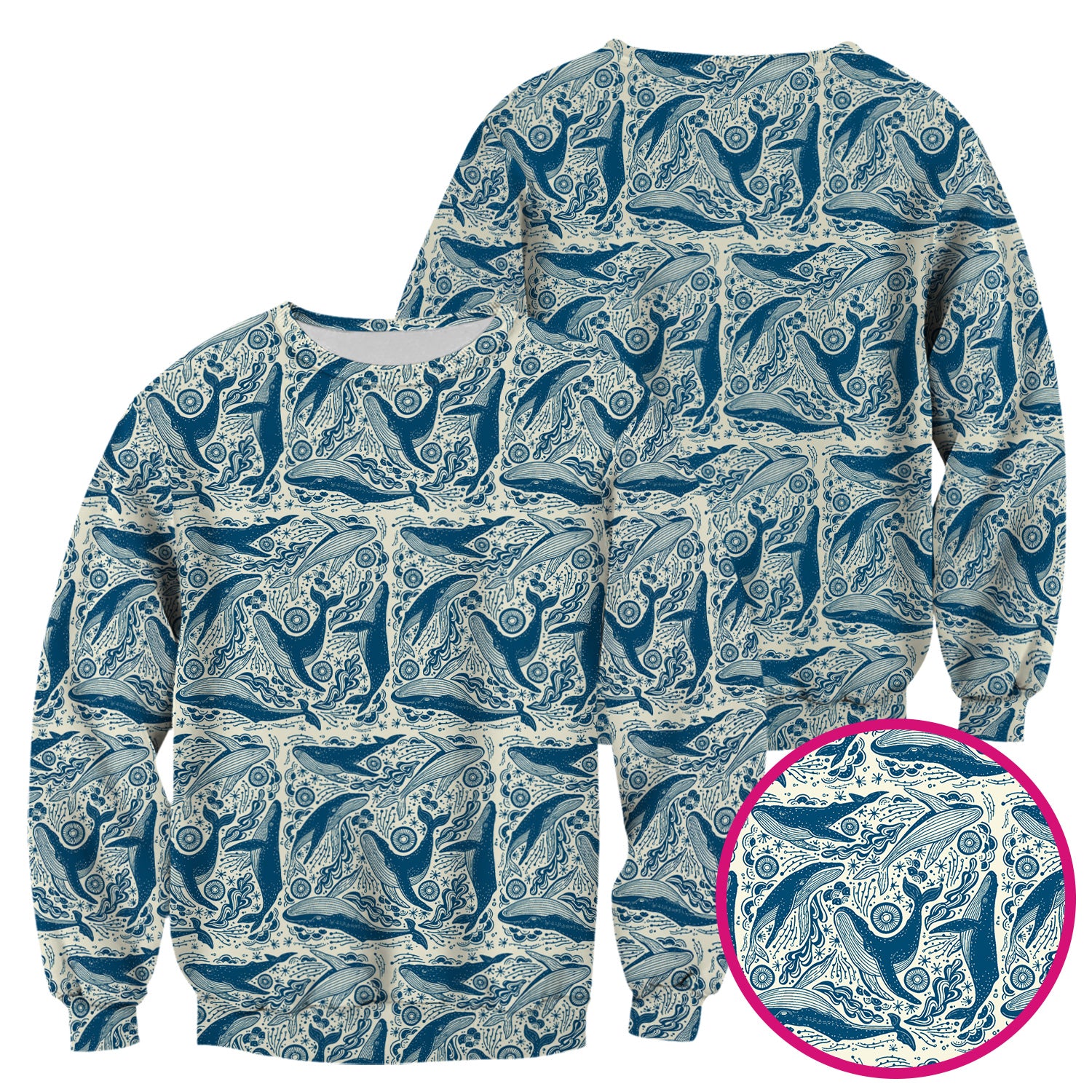 Blue Whale Ocean Pattern Scrub Top, Breathable Fabrics Nursing Uniform