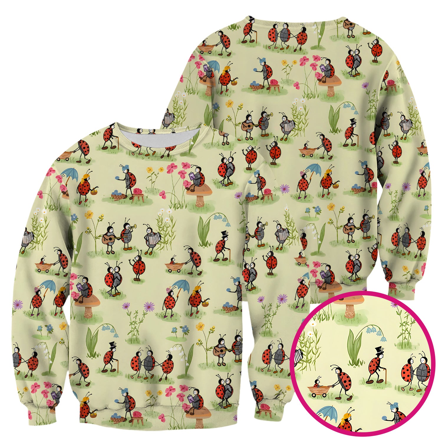 Whimsical Ladybug Garden Activity Pattern Scrub Top, Comfortable Scrubs For Nurses