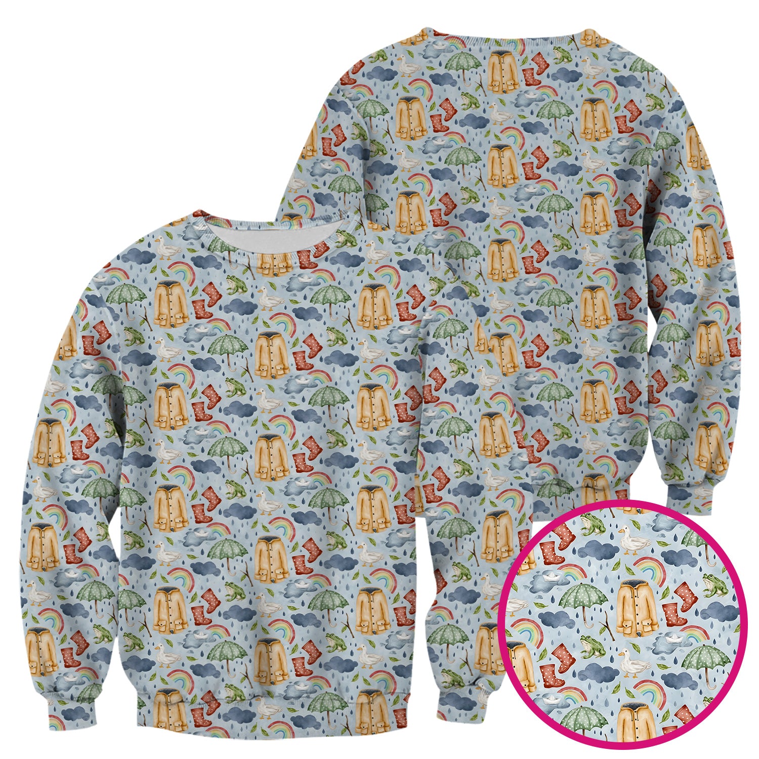 Cute Rainy Day Ducks & Frog Rainbow Pattern Scrub Top, Colorful Gothic Nurse Scrubs Uniform