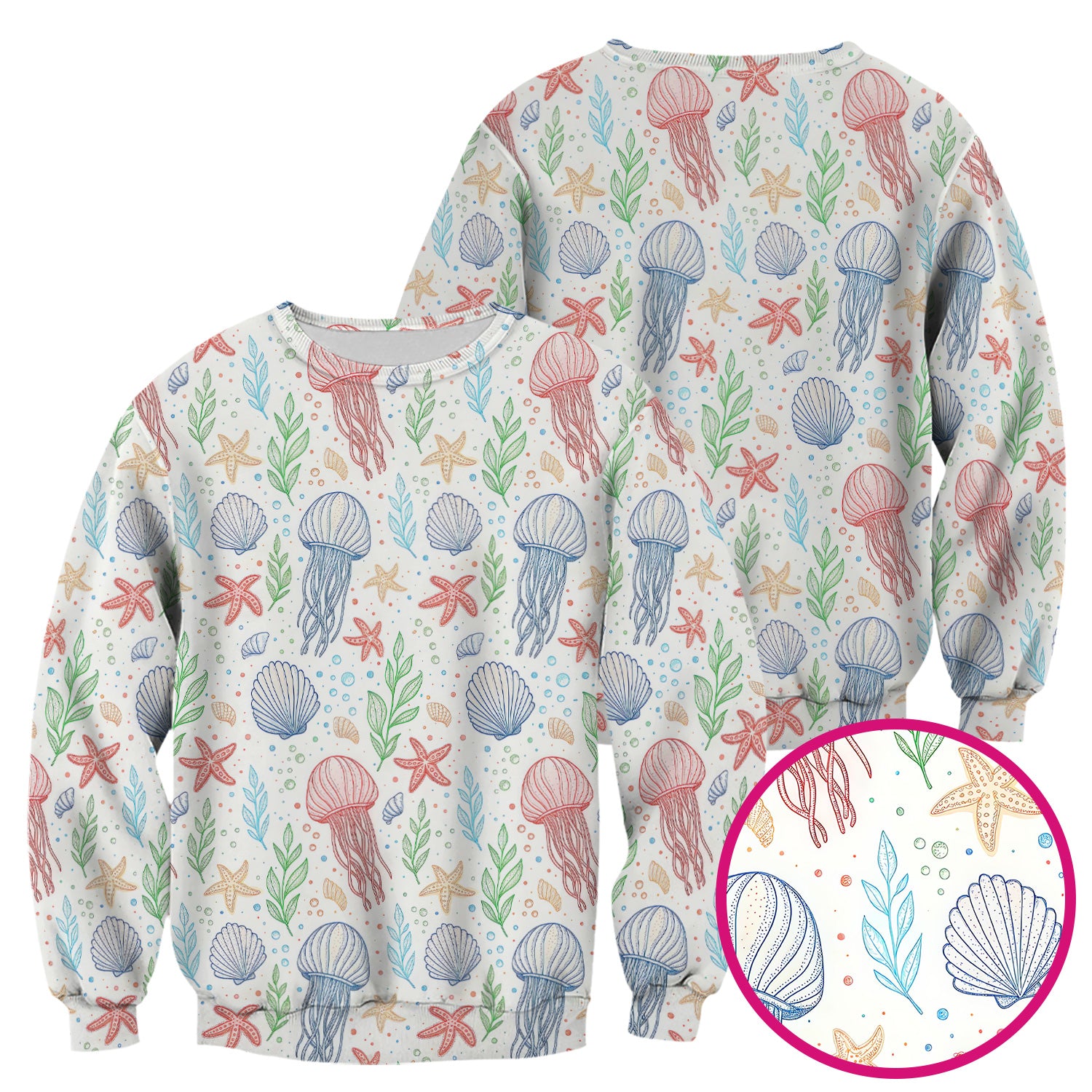 Ocean Jellyfish Starfish Seashell Pattern Scrubs Top, Comfortable Scrubs for Nurses