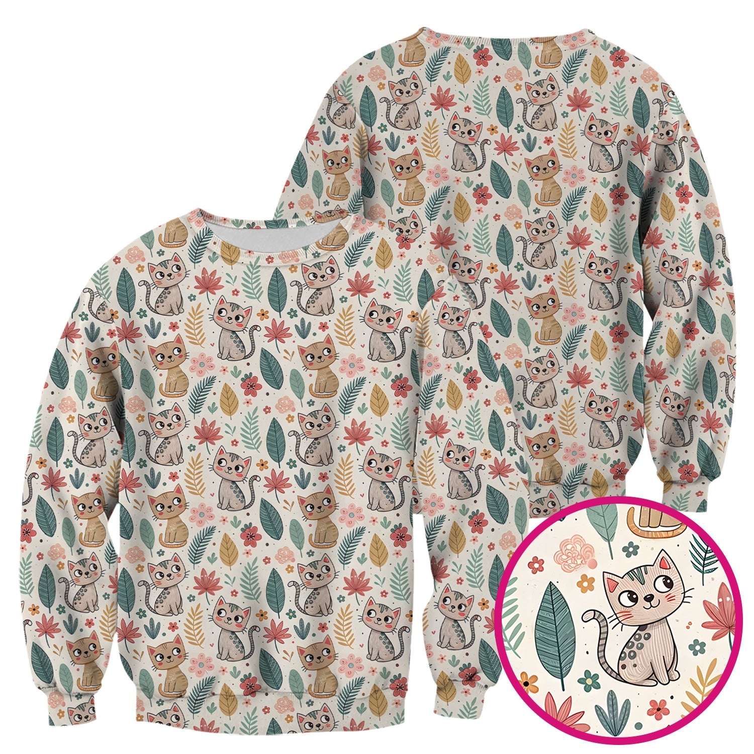 Cute Cartoon Cat Floral Leaf Pattern Scrub Top, Kawaii Kitty Nursing Uniform for Women
