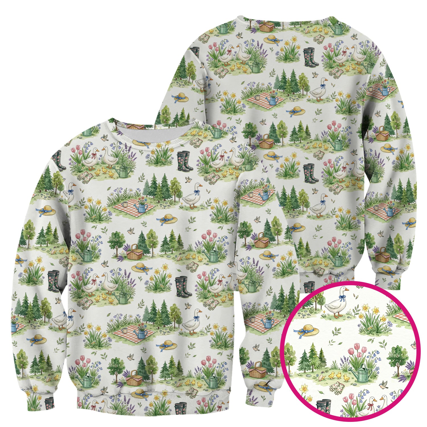 Cute Duck Garden Pattern Scrub Top, Spring Floral Countryside Nursing Uniform