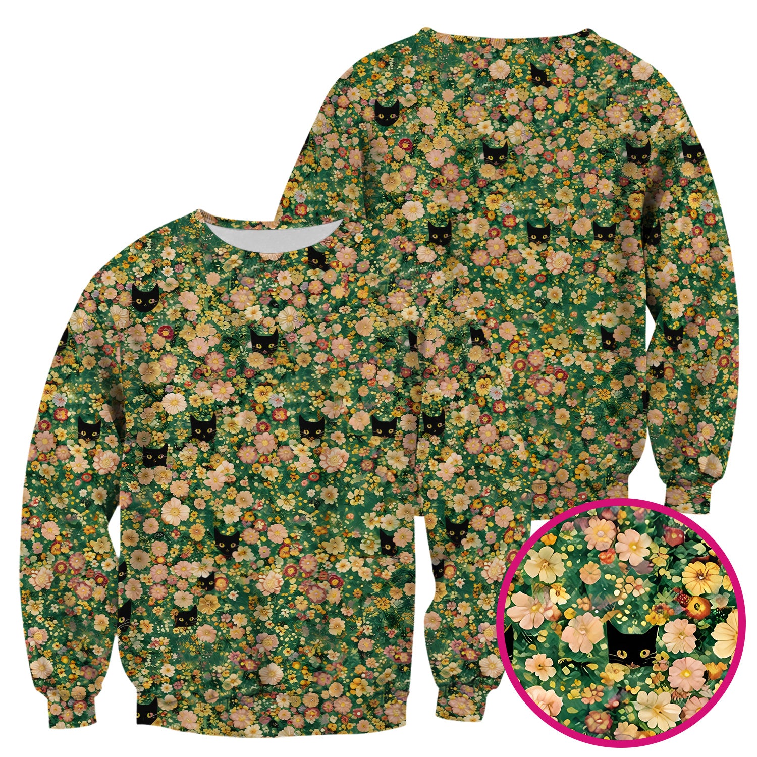 Cute Black Cat In Floral Garden Pattern Scrubs Top, Comfortable Scrubs for Nurses