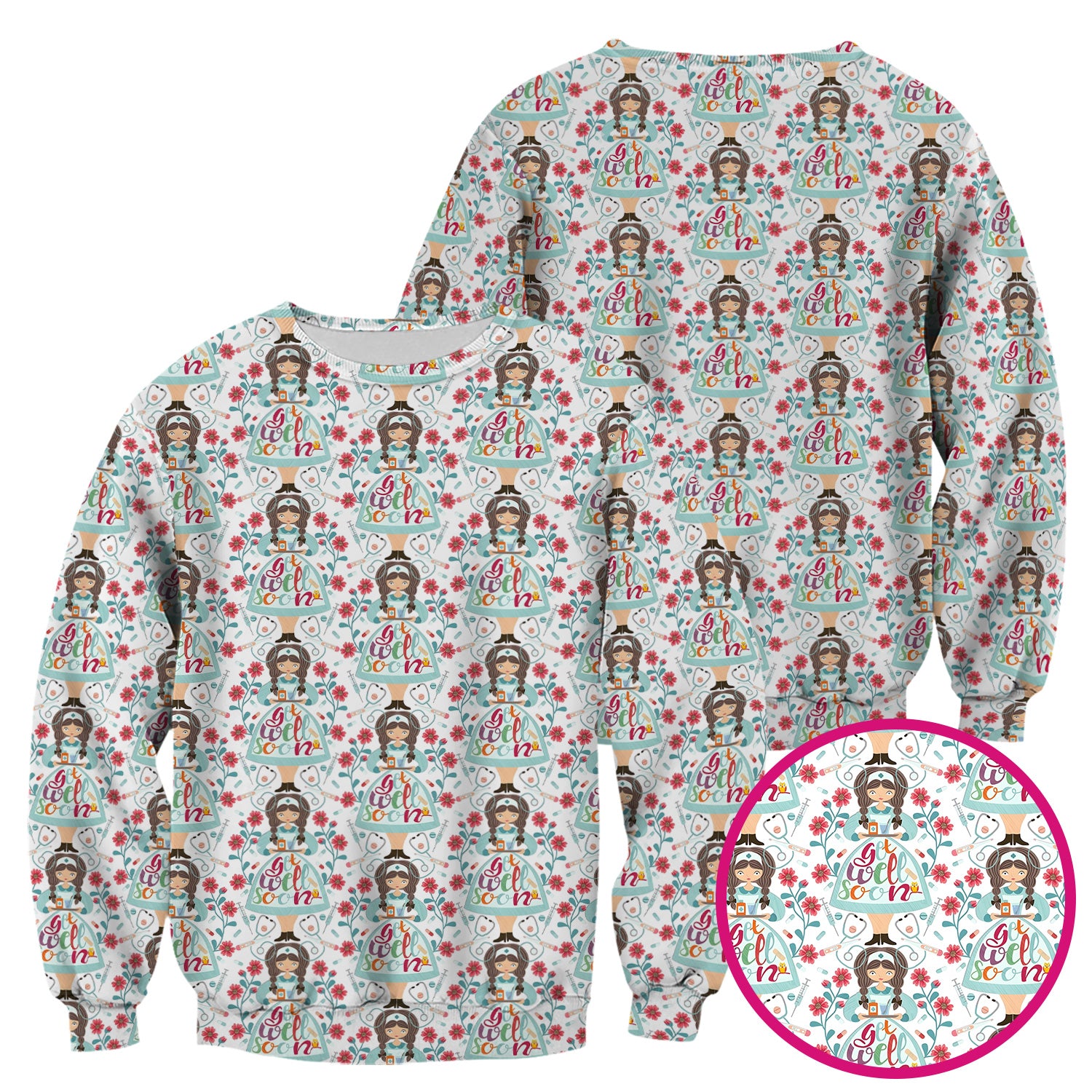 Get Well Soon Girl Floral Caring Pattern Scrub Top, Comfortable Scrubs for Nurses