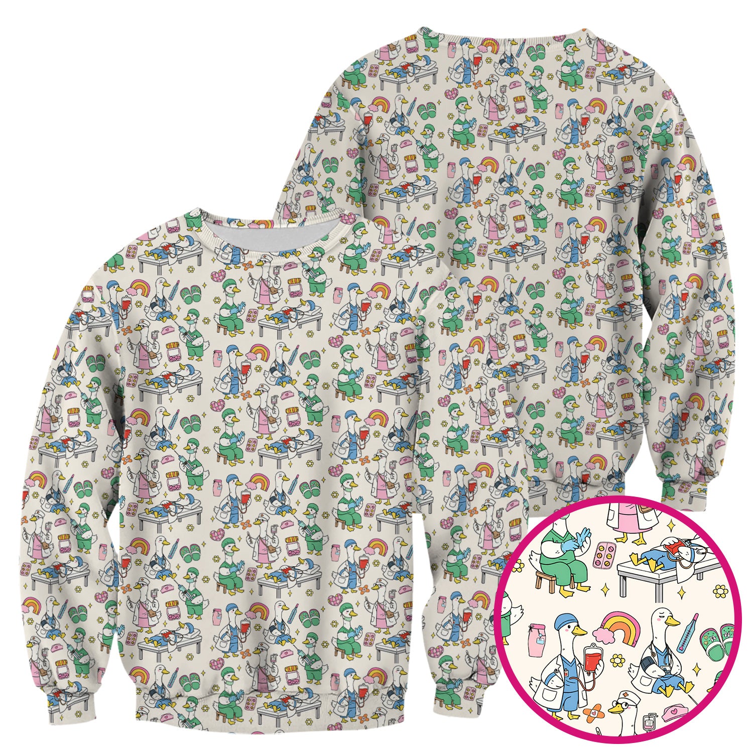 Funny Nurse Duck Medical Doodle Pattern Scrub Top, Comfortable Nurse Workwear Top