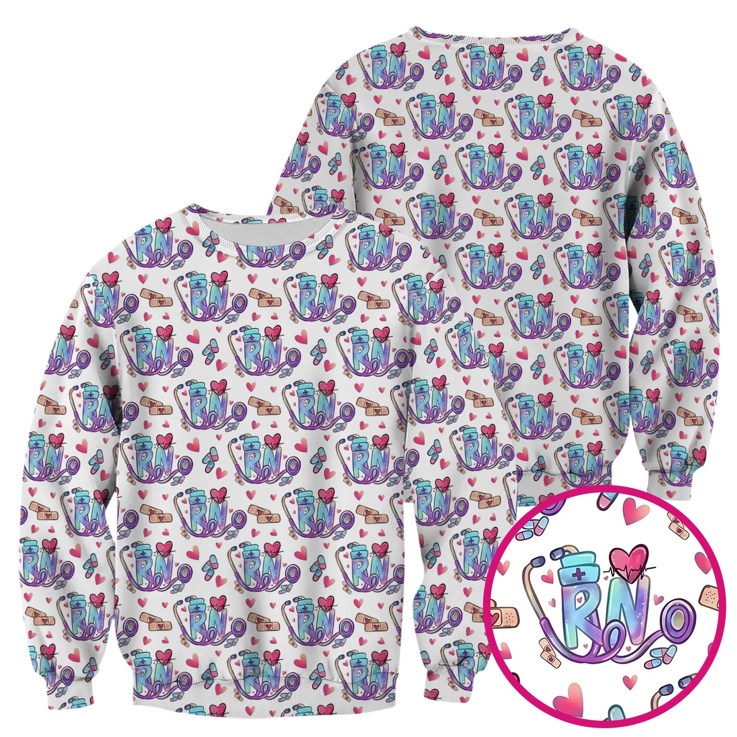 Nurse Life RN Heart Pattern Scrub Top, Breathable Fabrics Nursing Uniform