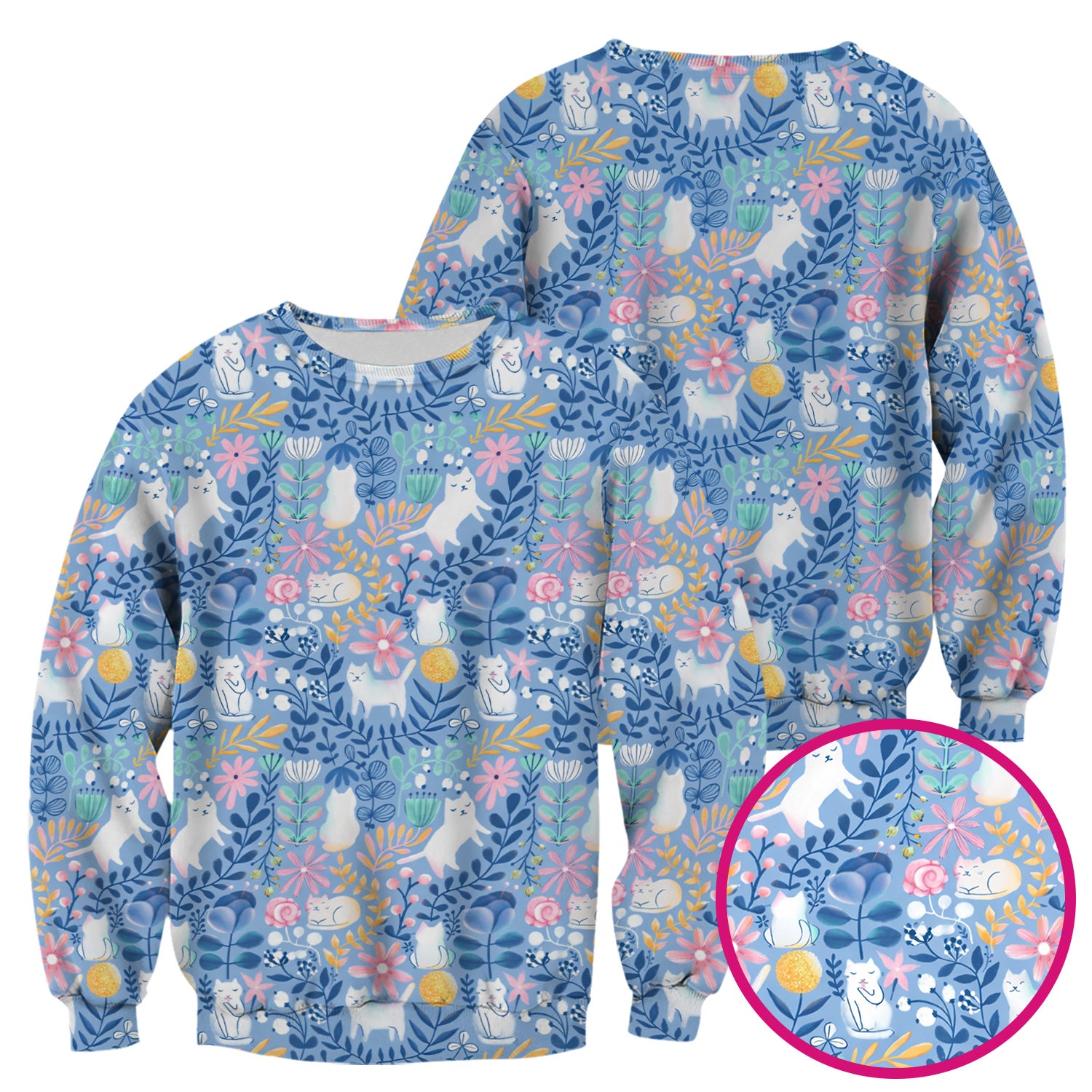 Whimsical Cat Floral Pattern Scrub Top, Breathable Fabrics Nursing Uniform