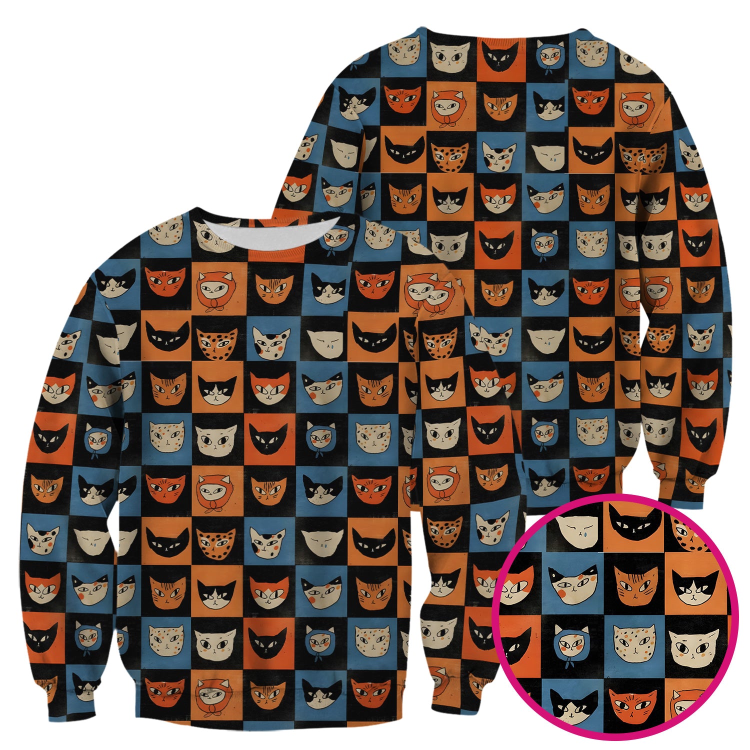 Cute Retro Cat Faces Checkerboard Print Scrub Top, Comfortable Scrubs For Nurses