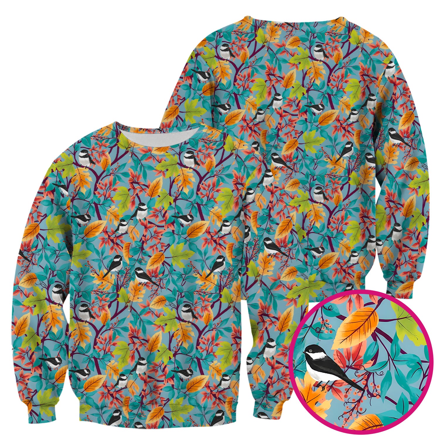 Autumn Leaf Chickadee Bird Pattern Scrub Top, Breathable Fabrics Nursing Uniform
