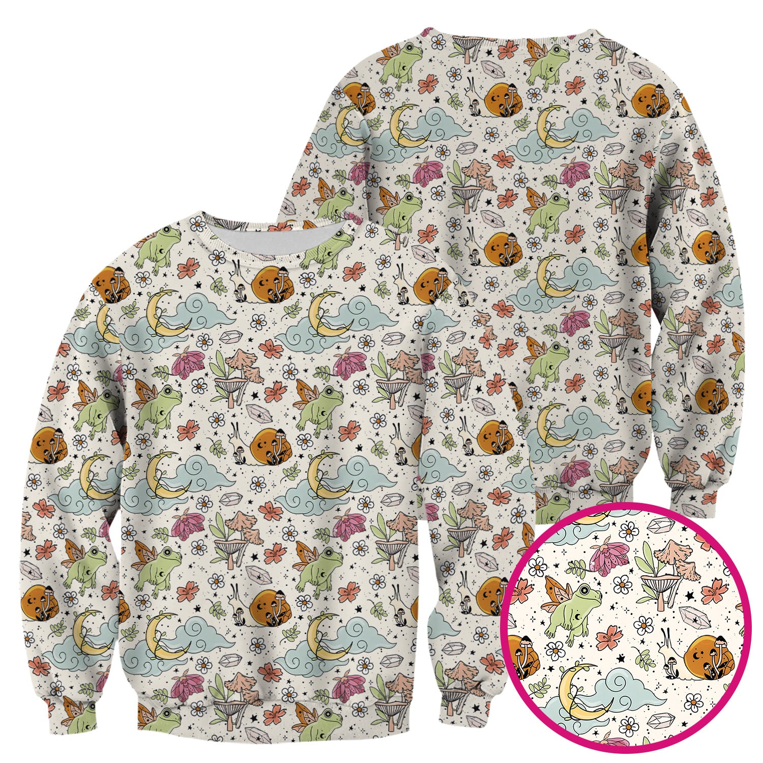 Whimsical Frog Moon Mushroom Pattern Scrub Top, Fantasy Nature Print, Breathable Fabrics Nursing Uniform
