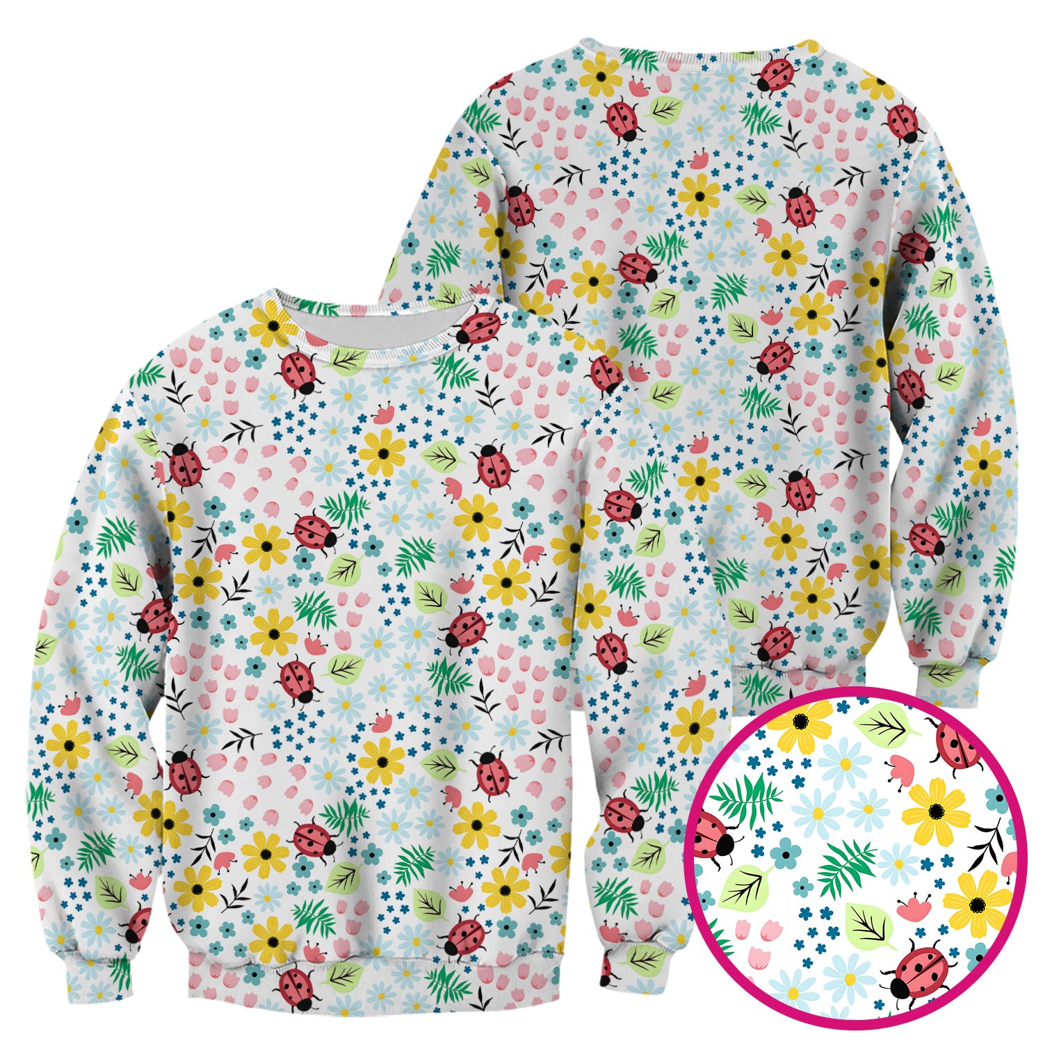 Cute Ladybug Floral Garden Print Scrub Top, Comfortable Scrubs for Nurses