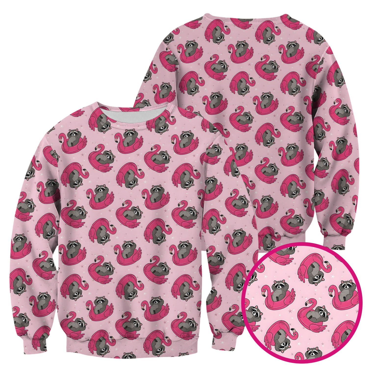 Cute Raccoon Flamingo Float Pattern Scrub Top, Comfortable Scrubs for Nurses