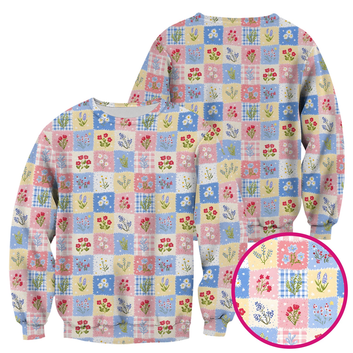 Pastel Patchwork Wildflower Garden Print Scrub Top, Comfortable Scrubs for Nurses