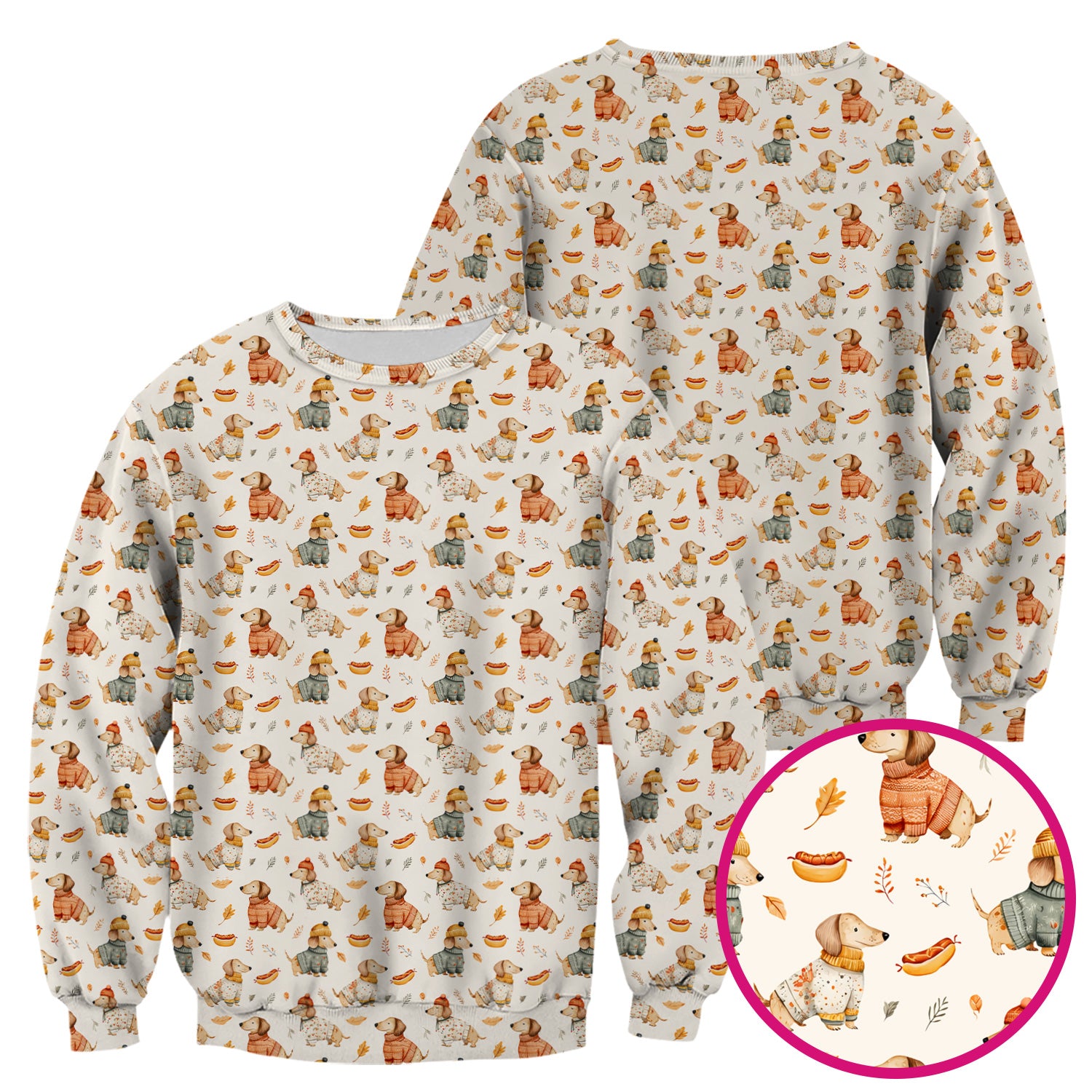 Autumn Dachshund Dog Sweater Print Scrub Top, Comfortable Scrubs for Nurses