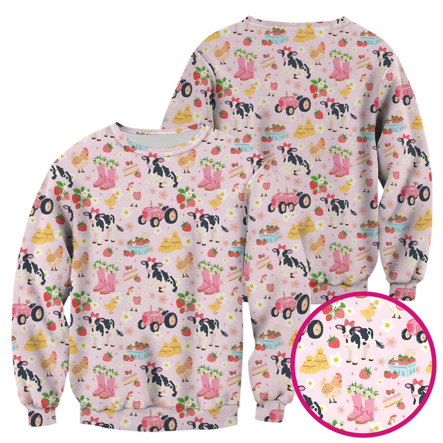 Cute Farm Animals & Strawberry Garden Pattern Scrub Top, Comfortable Scrubs for Nurses