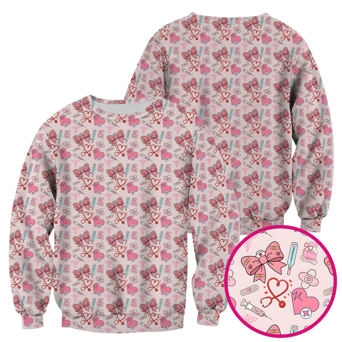 Pink Nurse Bow Heart Print Scrub Top, Comfortable Scrubs for Nurses