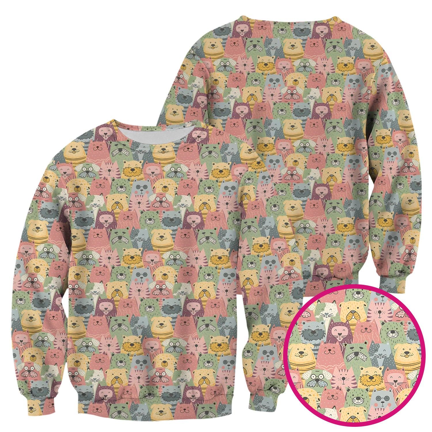 Cartoon Cat & Dog Faces Pattern Scrub Top, Comfortable Scrubs for Nurses
