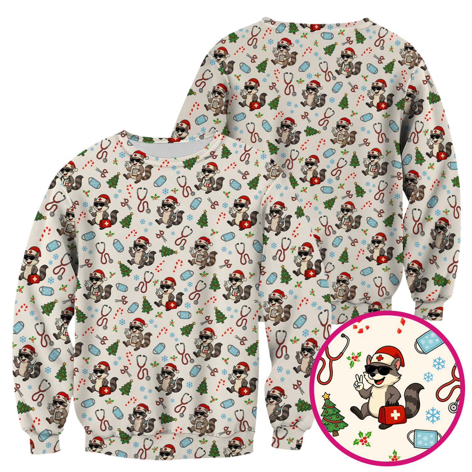 Christmas Scrub Top for Nurses - Funny Raccoon and Medical Tools Pattern - Festive Holiday Nurse Scrubs Shirt Gift for Women RN LPN CNA