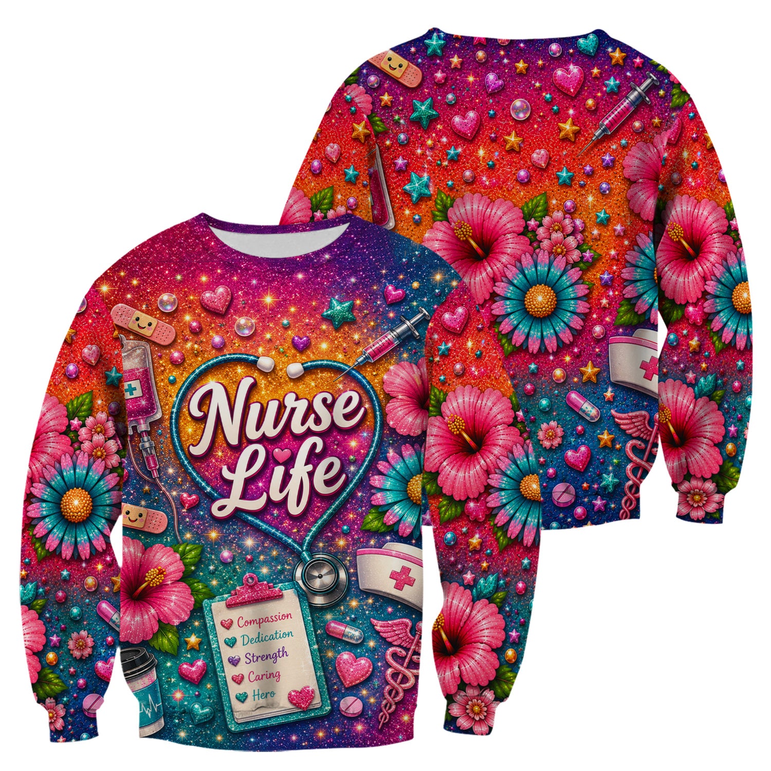 Colorful Nurse Life Heart Pattern Scrub Top, Comfortable Scrubs for Nurses