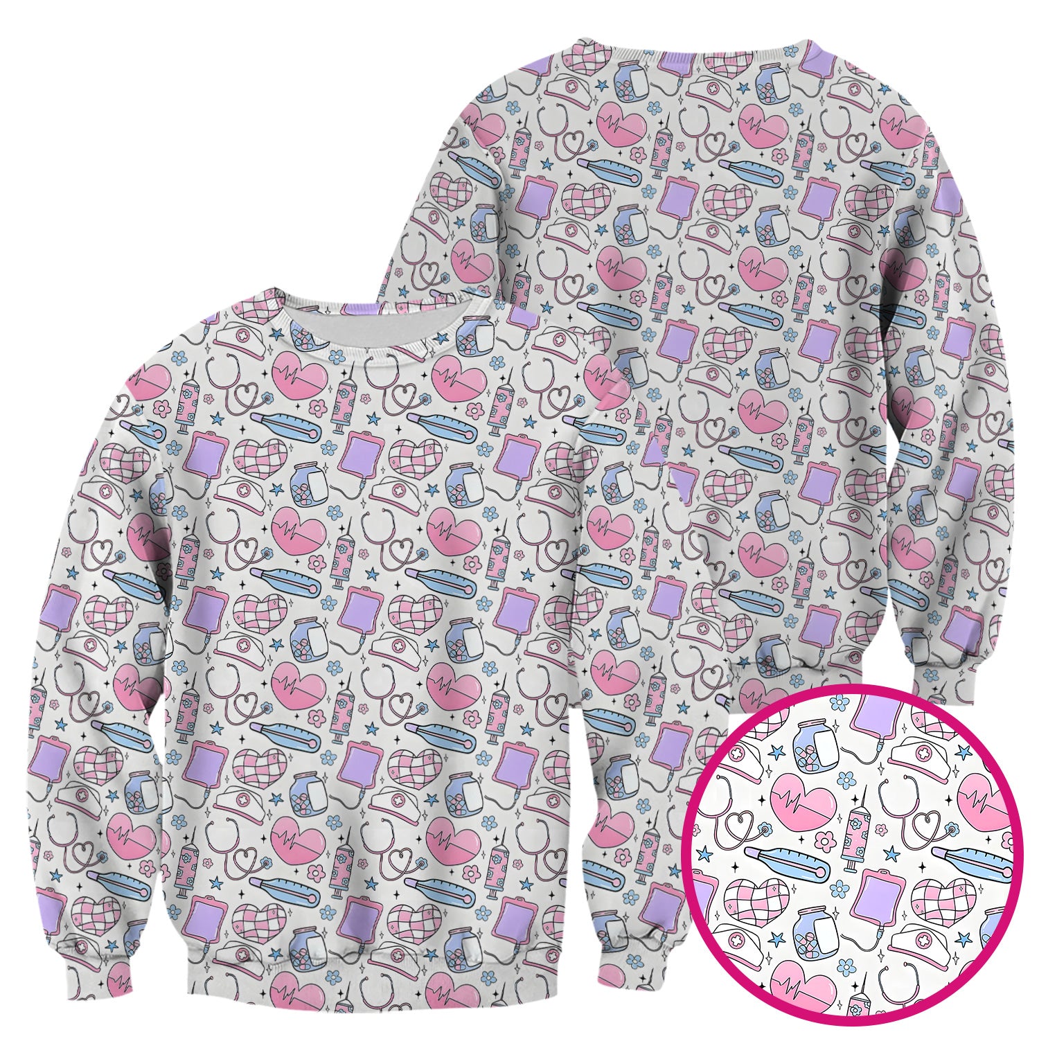 Cute Pastel Medical Icons Pattern Scrub Top, Comfortable Scrubs for Nurses