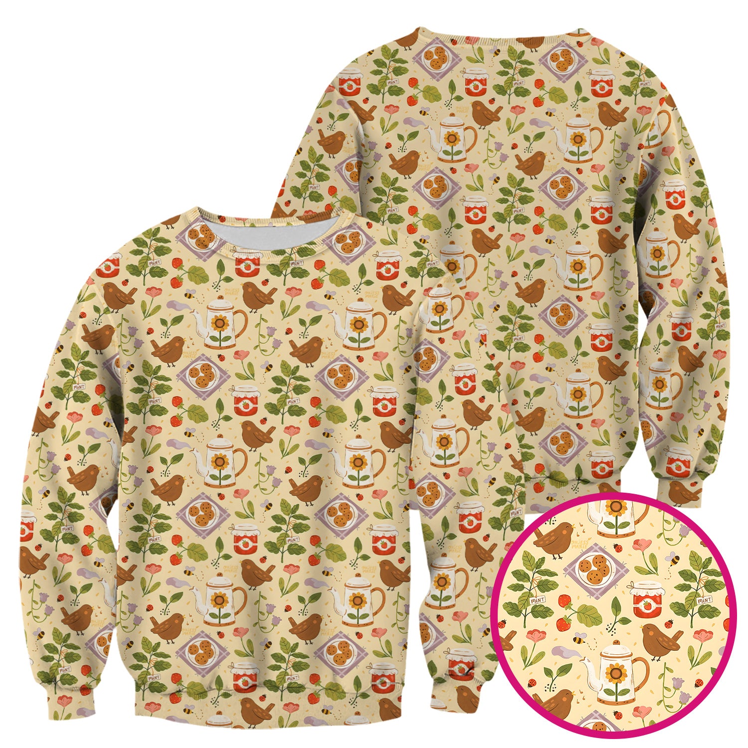 Cute Garden Tea Bird Strawberry Pattern Scrub Top, Comfortable Scrubs for Nurses