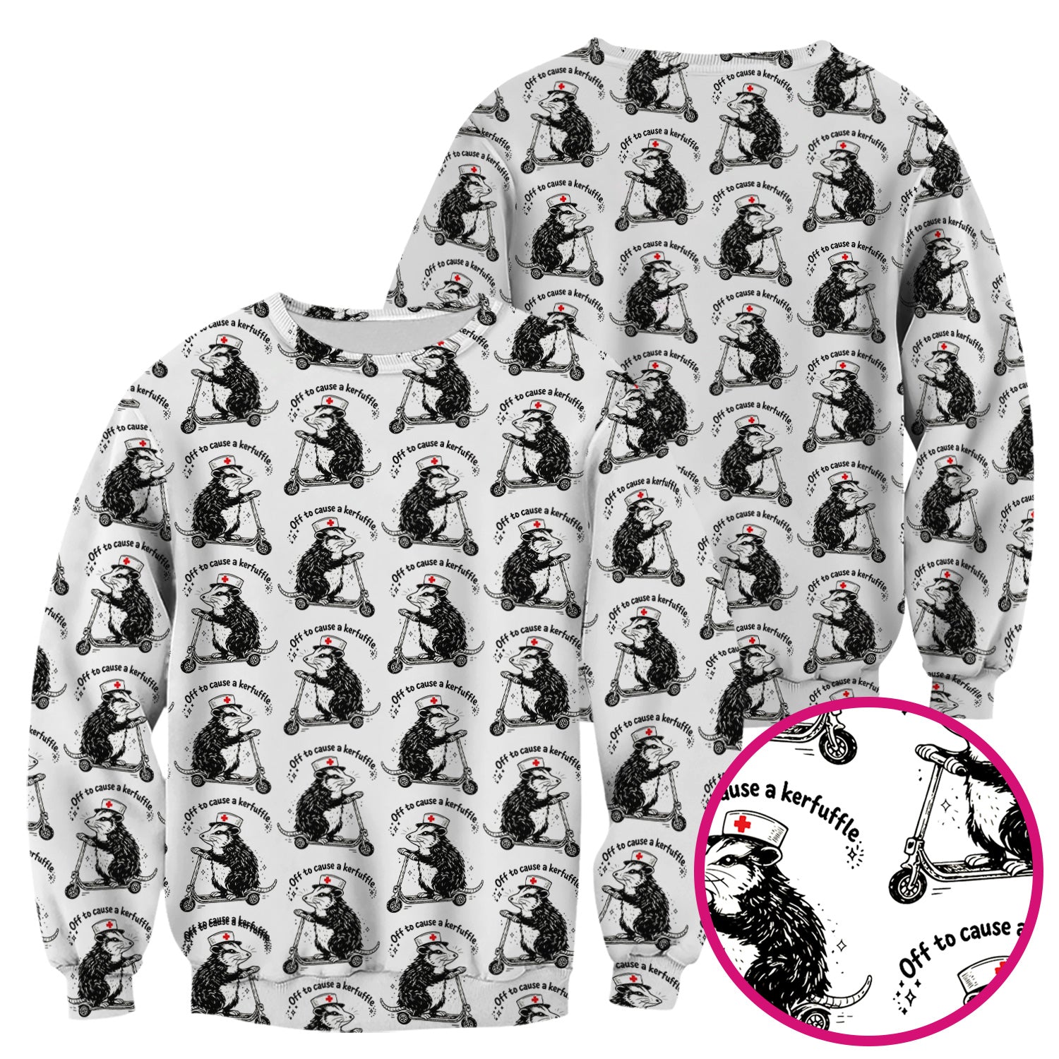 Funny Opossum Nurse Riding Scooter Pattern Scrubs Top, Breathable Fabrics Nursing Uniform