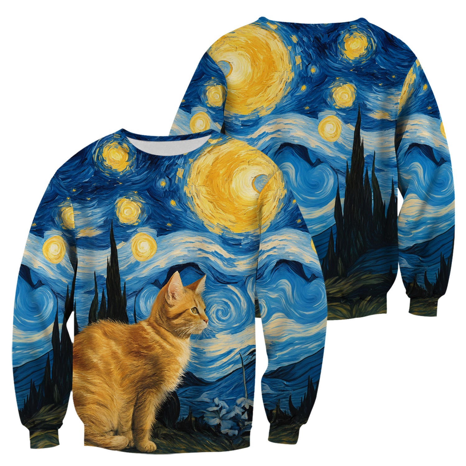 Swirling Moonlit Cat Scene Print Scrub Top, Comfortable Scrubs for Nurses
