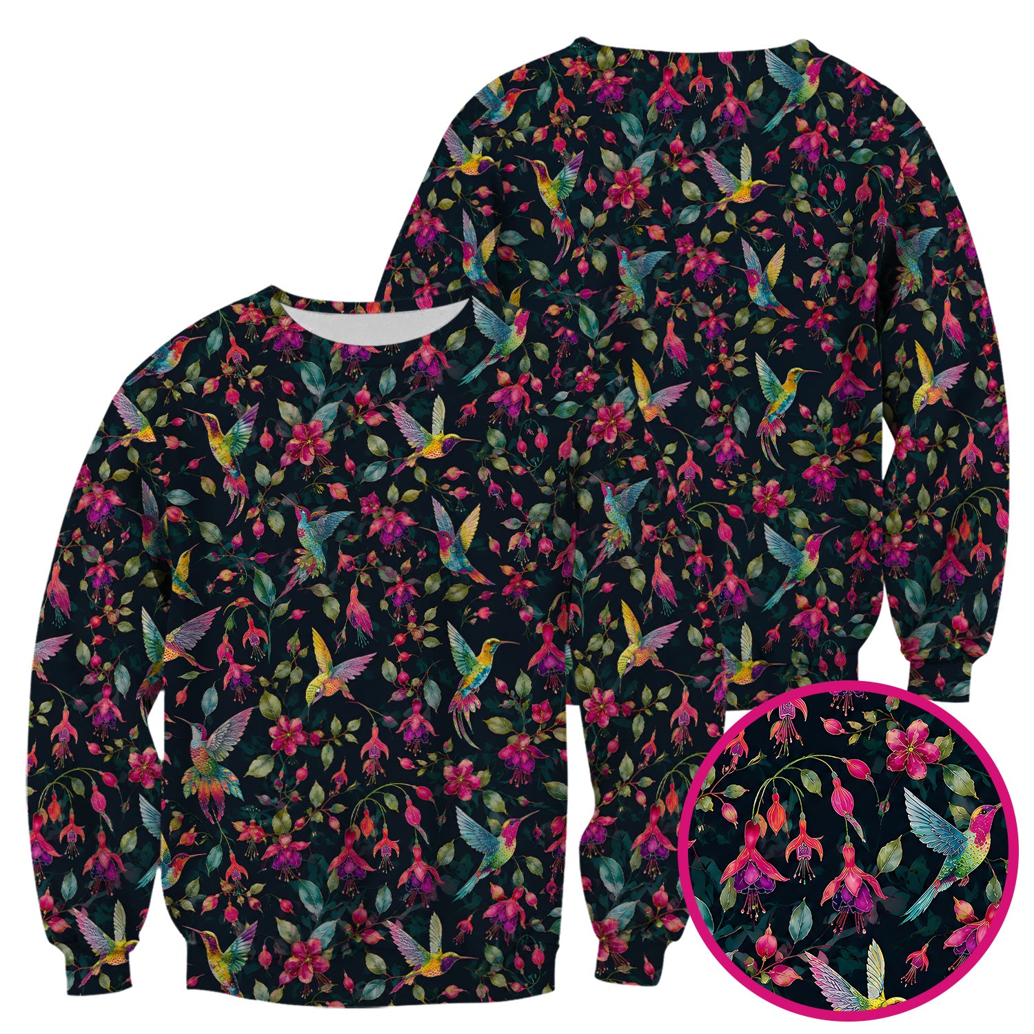 Hummingbird Fuchsia Bloom Pattern Scrub Top, Comfortable Scrubs for Nurses