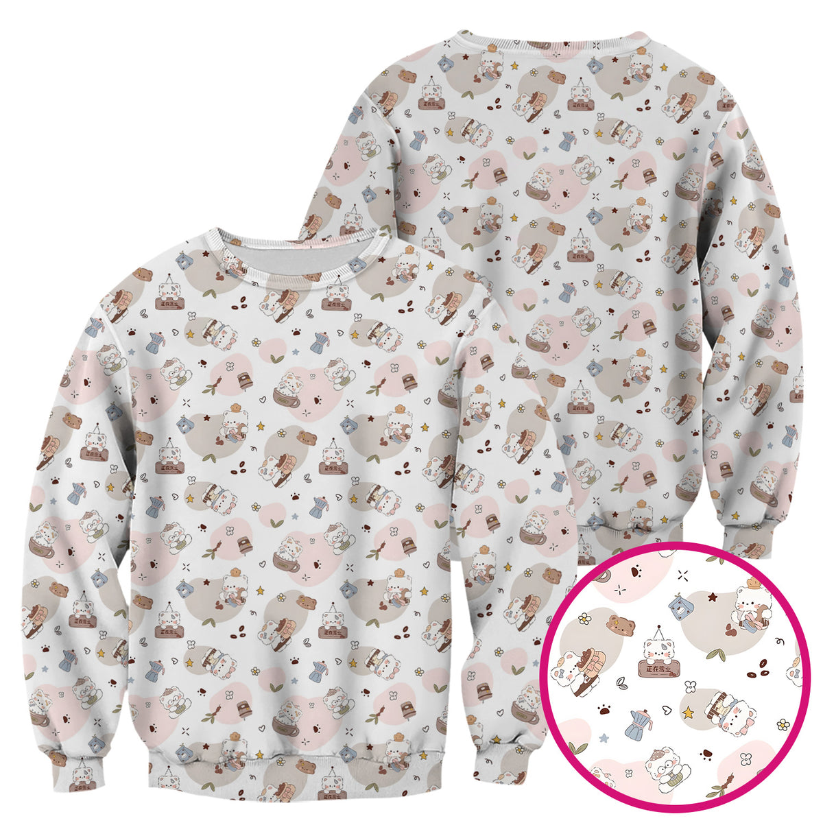 Cute Cat With Coffee Paw Heart Pattern Scrub Top, Comfortable Scrubs for Nurses