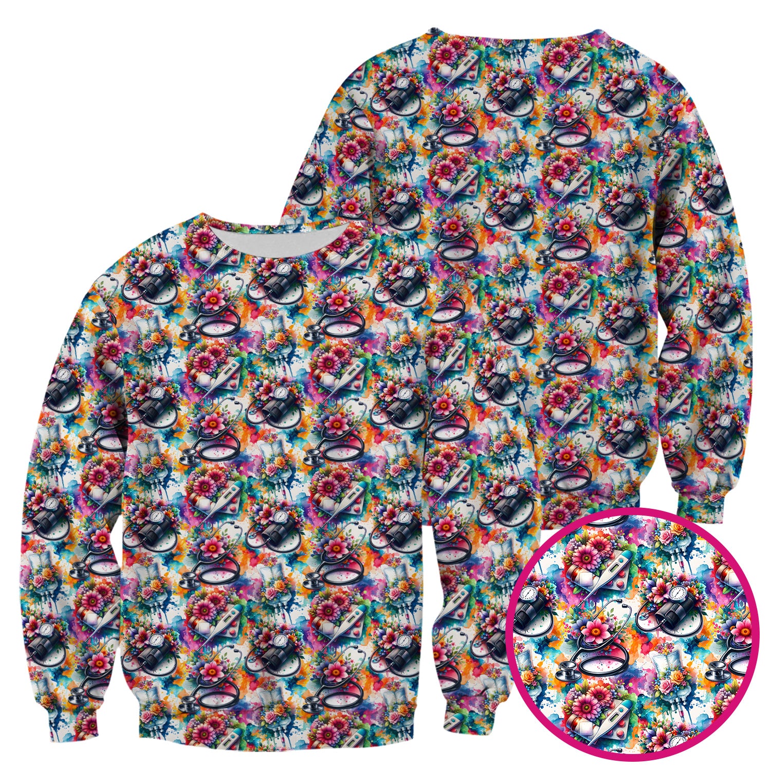 Colorful Medical Tools Floral Pattern Scrub Top, Comfortable Scrubs for Nurses