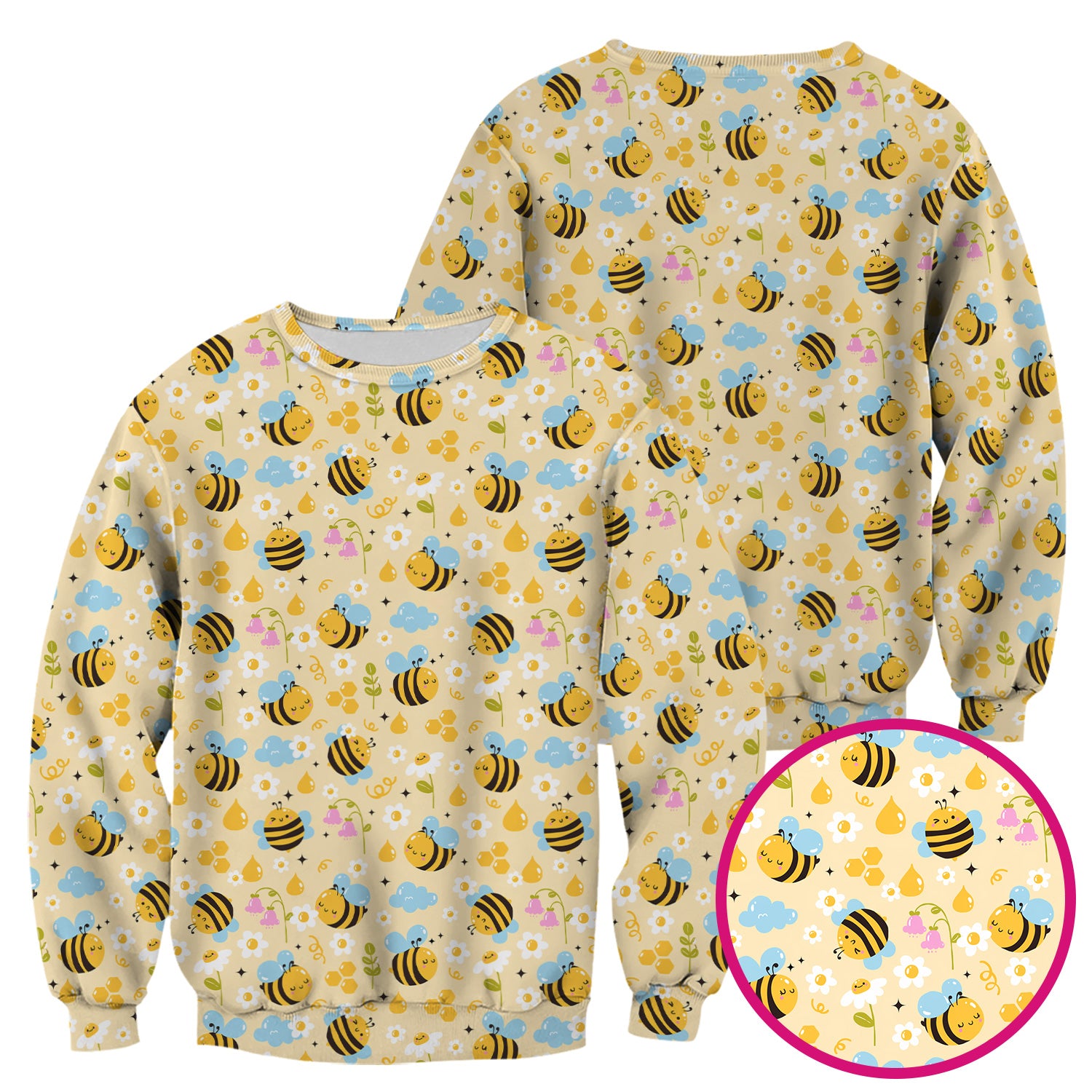 Honey Bee Flower Cloud Pattern Scrub Top, Breathable Fabrics Nursing Uniform