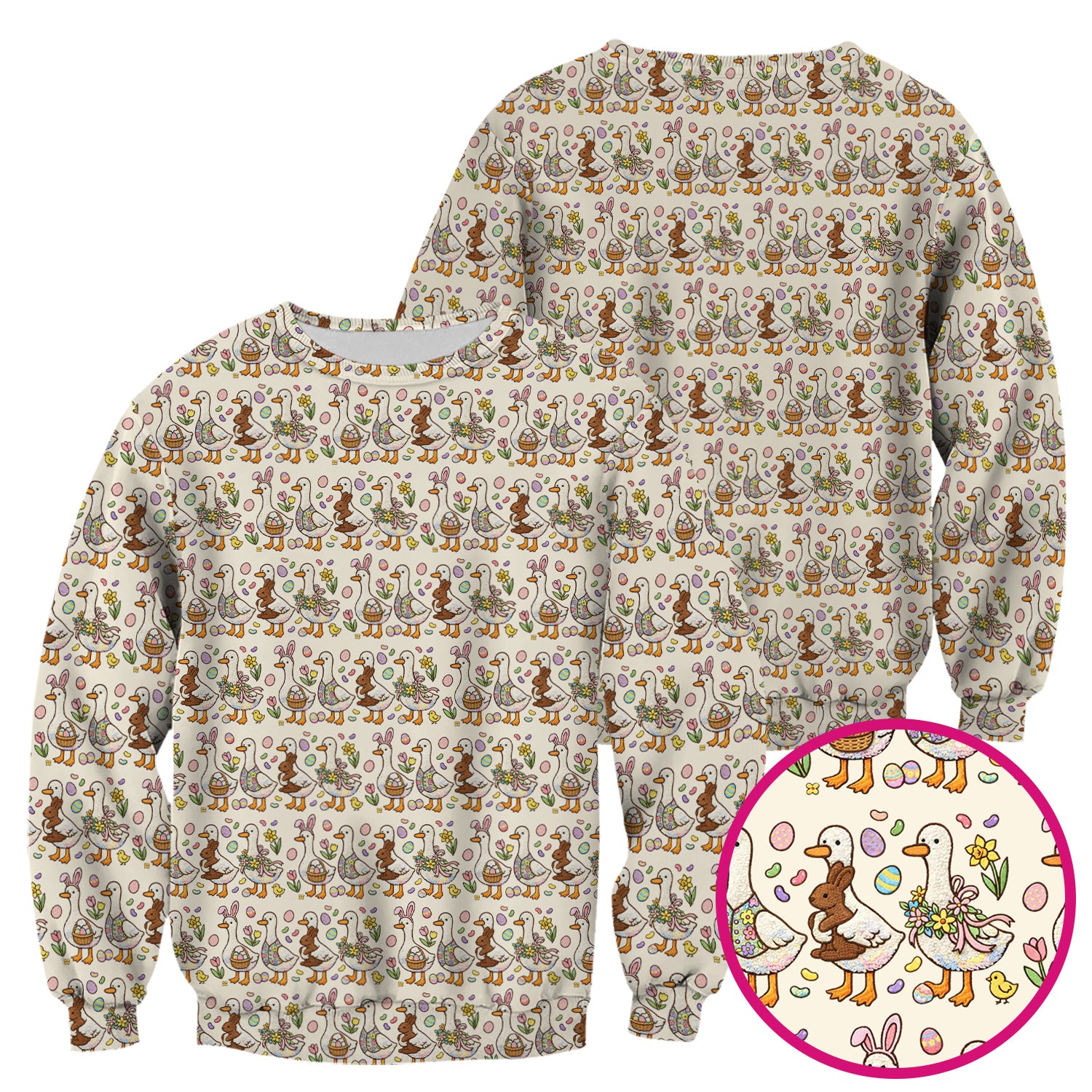 Easter Theme Duck and Bunny Egg Floral Print Scrub Top, Comfortable Scrubs for Nurses