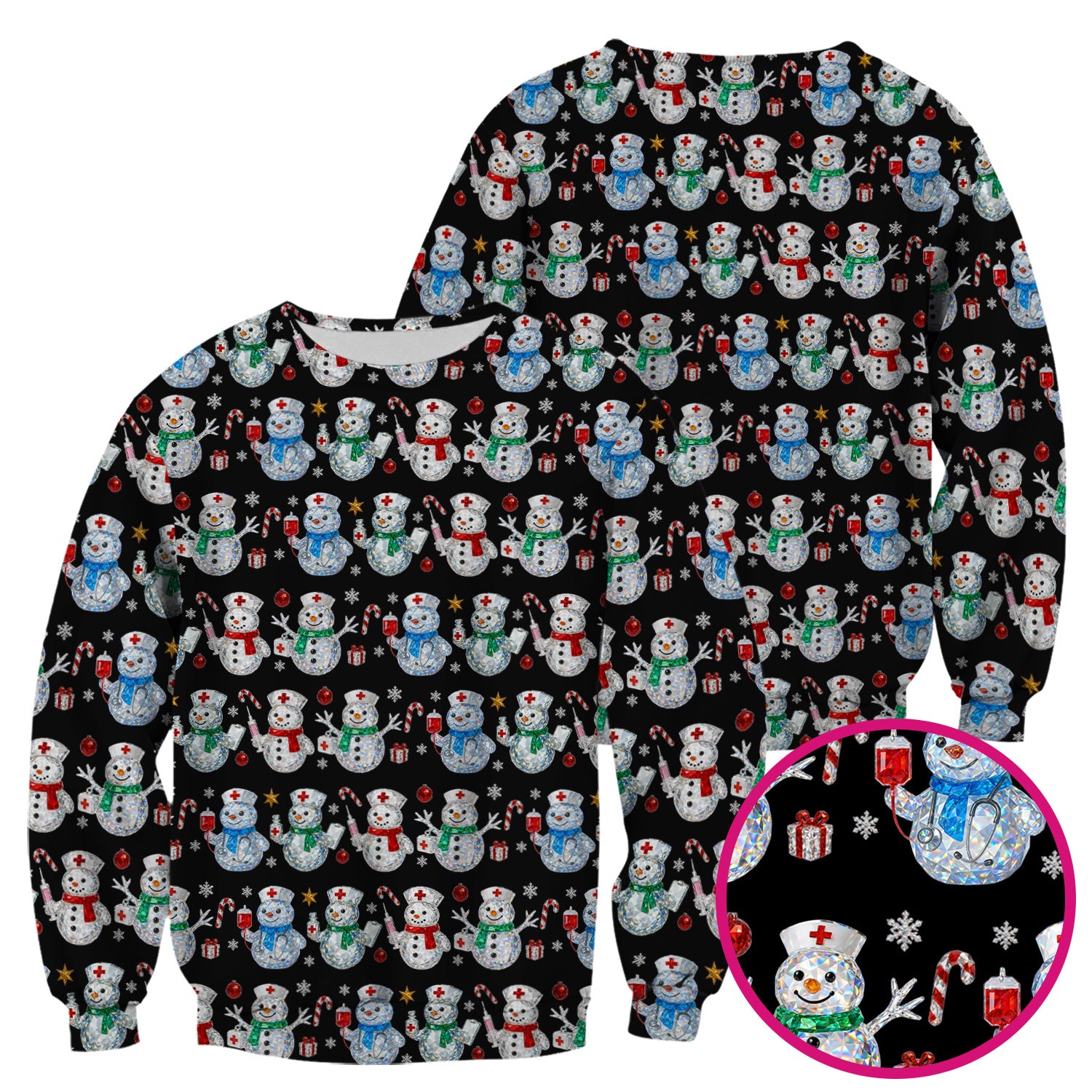 Nurse Snowman Christmas Scrub Top, Cute Holiday Medical Pattern Shirt For Women, Winter Snowflake Nursing Uniform