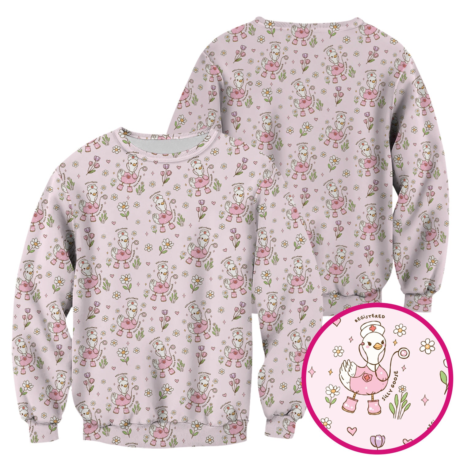 Funny Nurse Goose Daisy Print Scrub Top, Breathable Fabrics Nursing Uniform