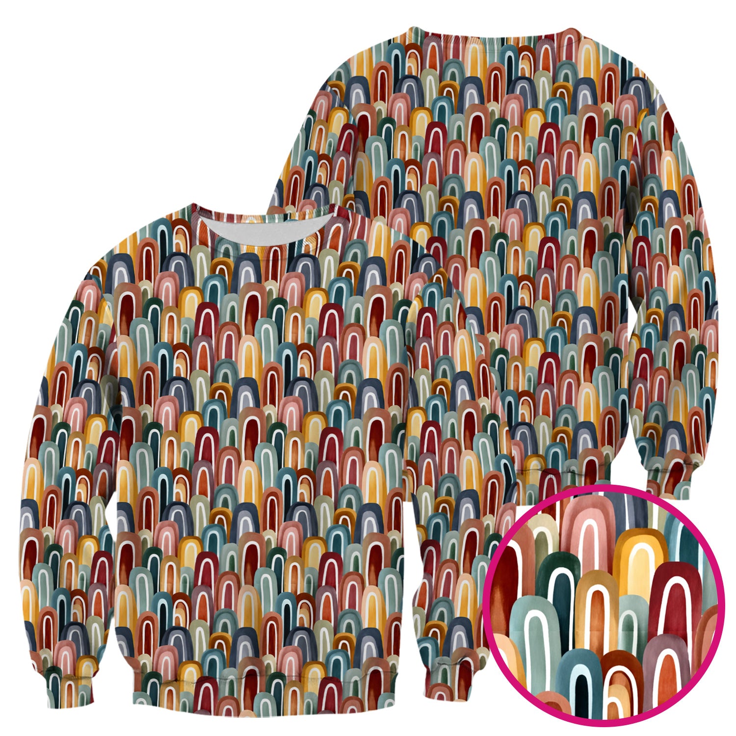 Retro Boho Rainbow Arch Pattern Scrub Top, Colorful Geometric Nursing Uniform for Women