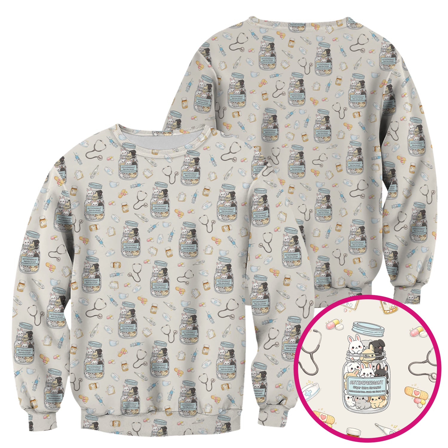 Whimsical Antidepressant Rabbit Jar Design Nurse Scrub Top, Soft & Breathable Workwear