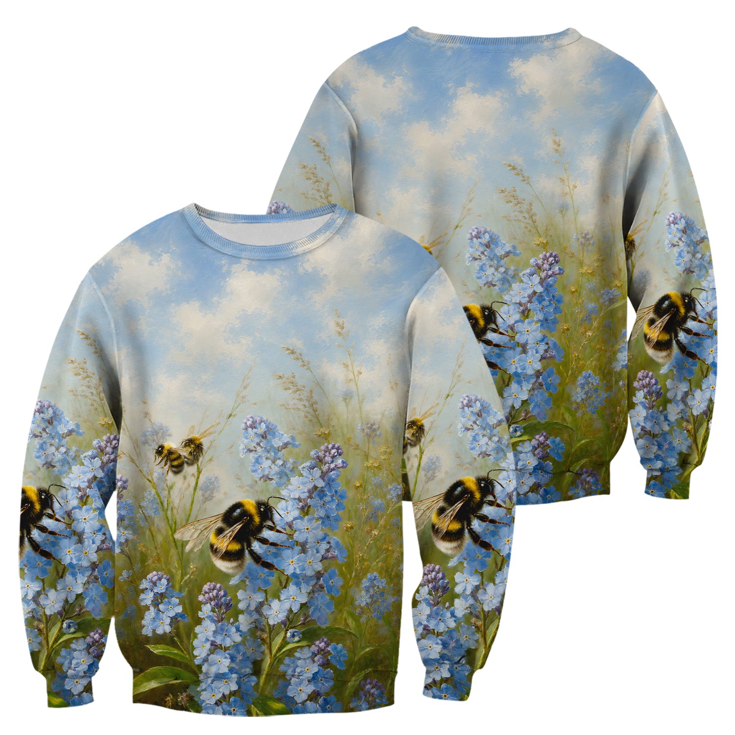 Whimsical Bumblebee Blue Blossom Pattern Scrub Top, Comfortable Scrubs for Nurses