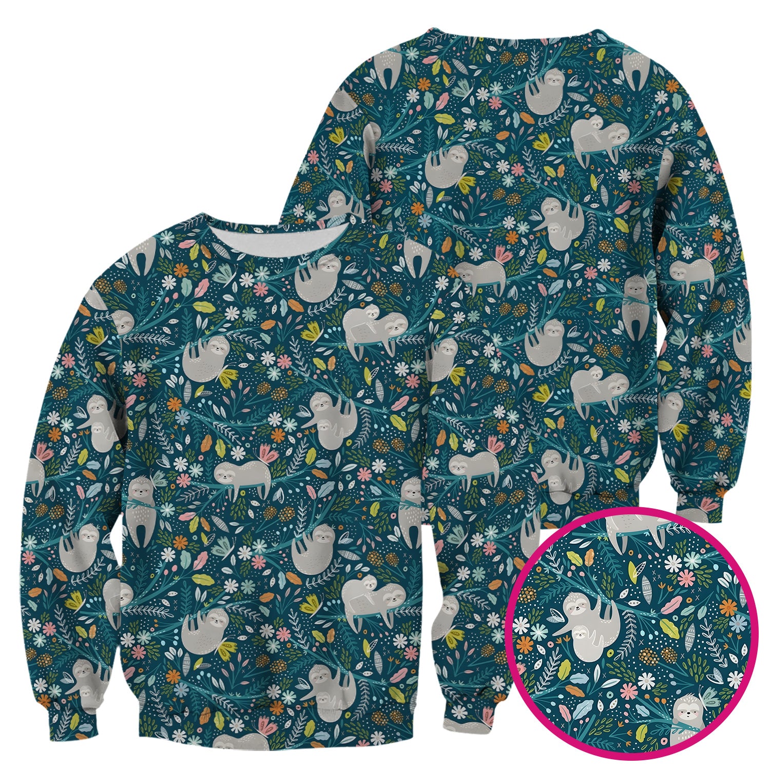 Cute Sloth Jungle Leaf Floral Pattern Scrub Top, Breathable Fabrics Nursing Uniform