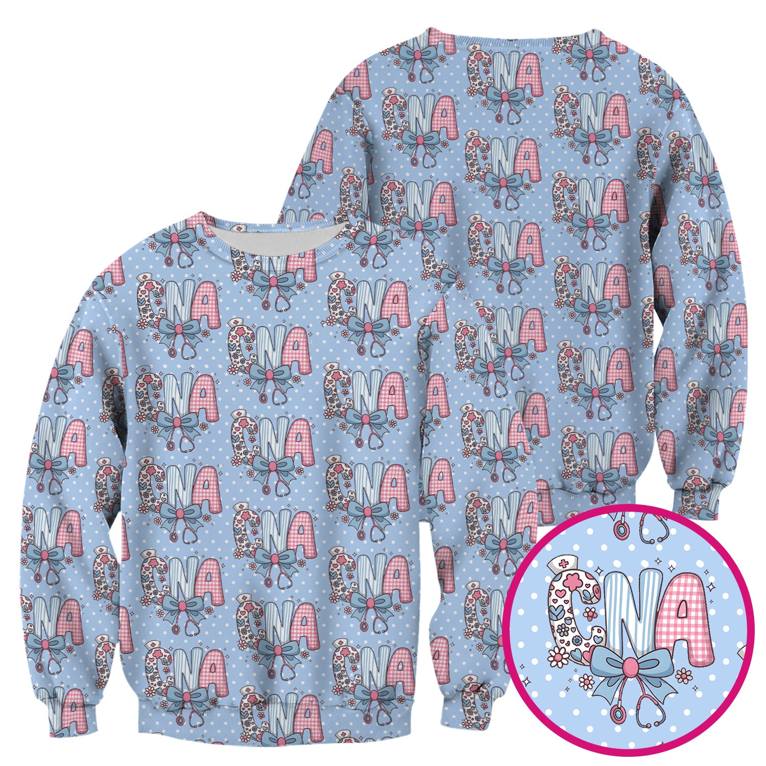 Cute CNA Floral Bow Pattern Scrub Top, Breathable Fabrics Nursing Uniform