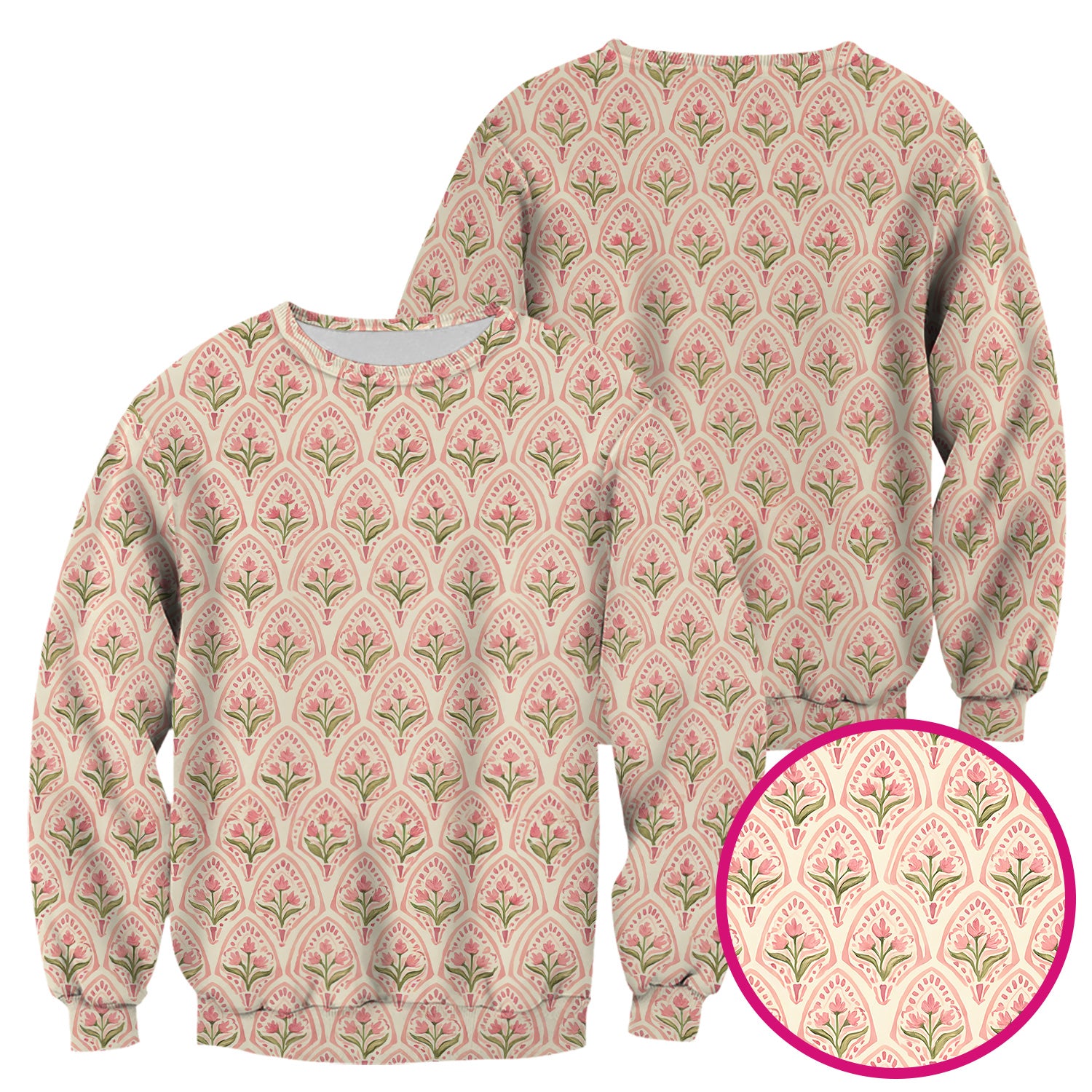 Pink Tulip Floral Arch Pattern Scrub Top, Comfortable Scrubs for Nurses