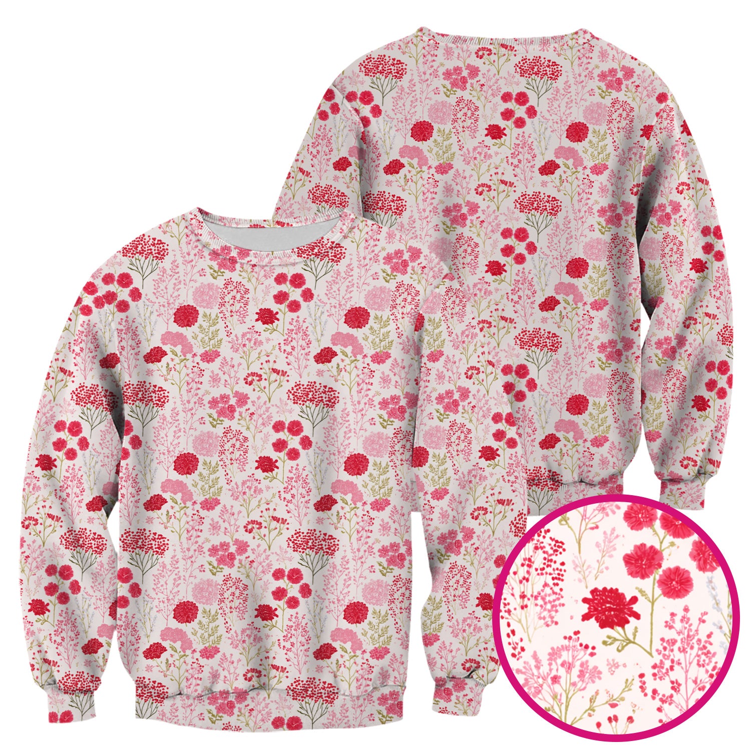 Pink Floral Pattern Allover Print Scrub Top, Breathable Fabrics Nursing Uniform